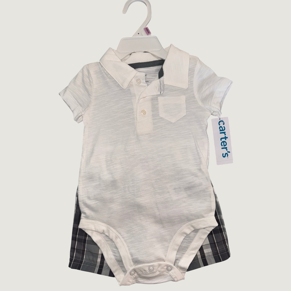 Carters Baby Boy 2-Piece Polo Bodysuit and Plaid Shorts Set White Grey 9M NWT